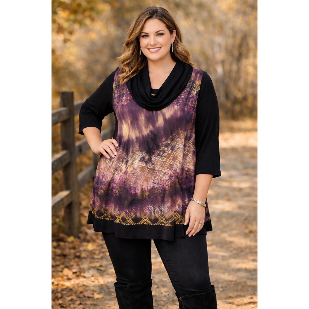 N Touch Women's 2X Tunic Top Purple Black Abstract Print Cowl Neck 3/4 Sleeve St
